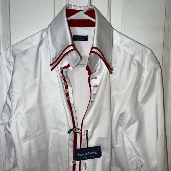 VITTORIO MARCHESI Luxurious Double High Collar Shirt w/Red Loops Size 41/16 NEW! - Picture 5 of 16